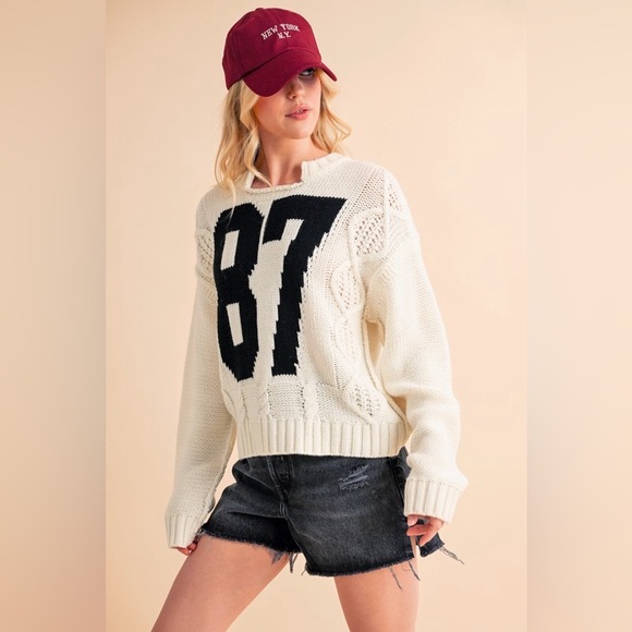 Aemi+Co Contrast Number Cable Knit Drop Shoulder Sweater 10010096629 - Picture 5 of 7